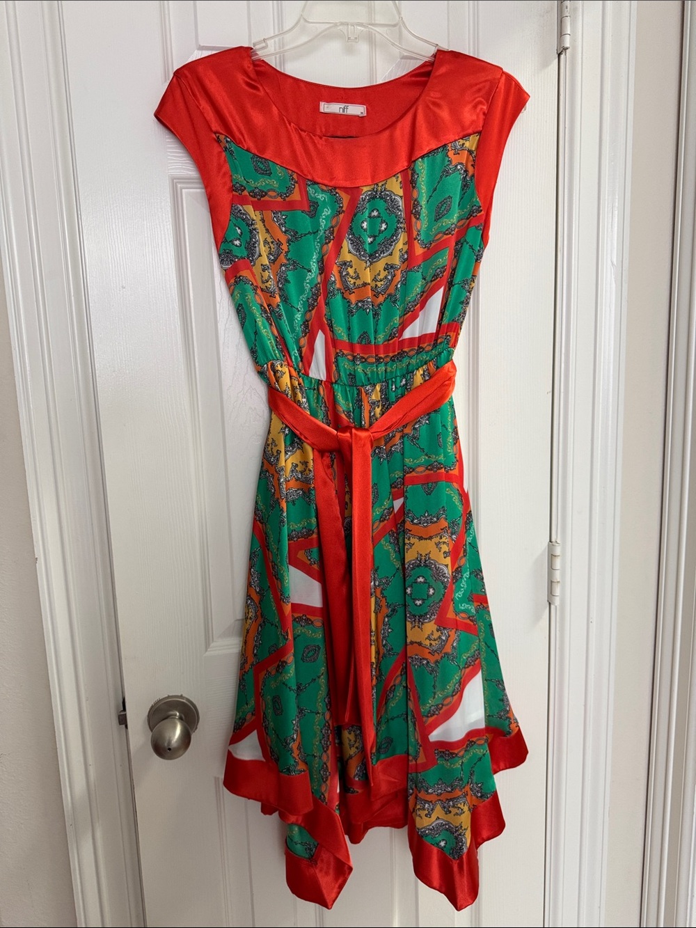 Niff Women’s Orange & Green Patterned Belted Dress